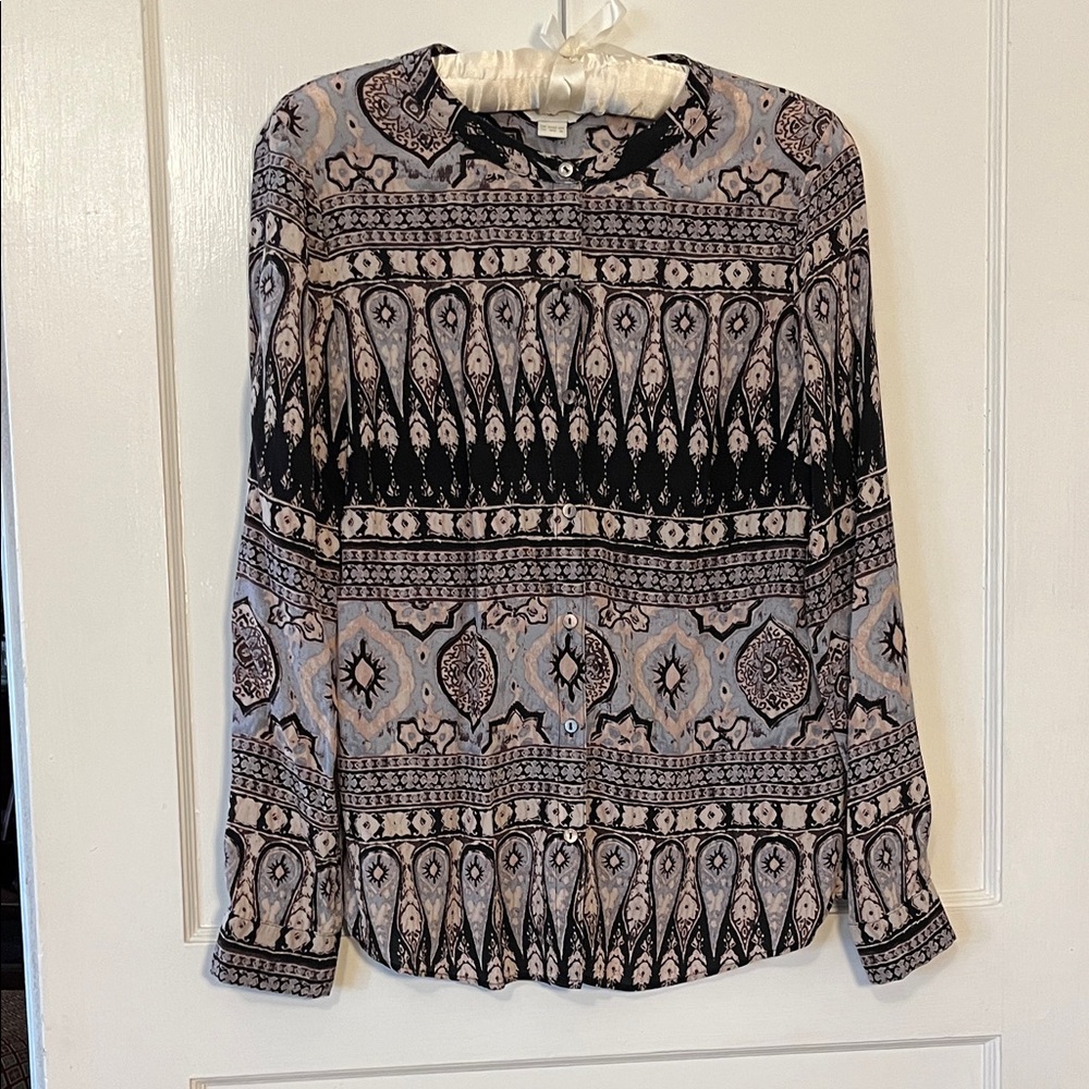 Silk Patterned Black and muted blue Women's Blouse size 8 - Picture 1 of 8